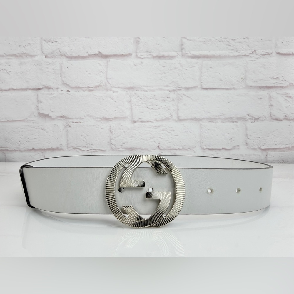 Gucci Etched Gg Buckle White Wide Leather Belt Marmont 232849 80/32